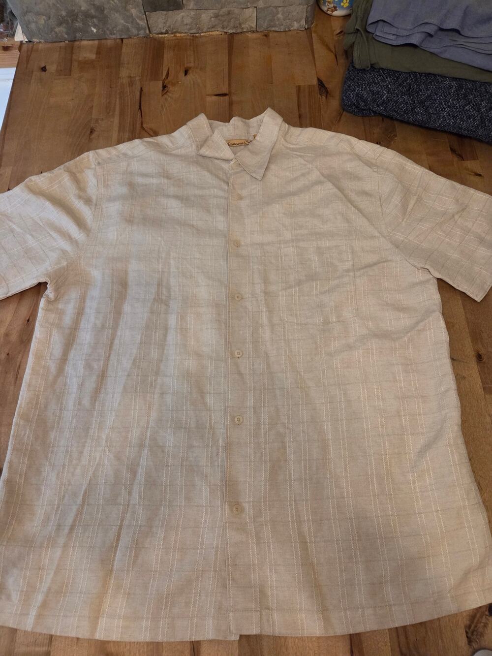 The Havanera Co. Men's XL Linen Blend Short Sleeve Button Up Shirt Beige Plaid